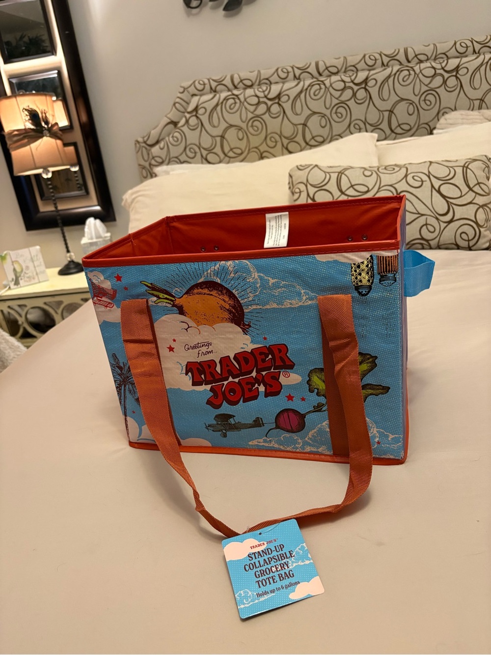 Trader Joe’s Stand-Up Collapsible Tote Bag Moon Strawberry Dark Blue NWT